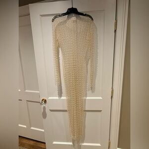 Beach Bunny Pearl-Studded Cream Long Sleeve Dress Beach Cover Up